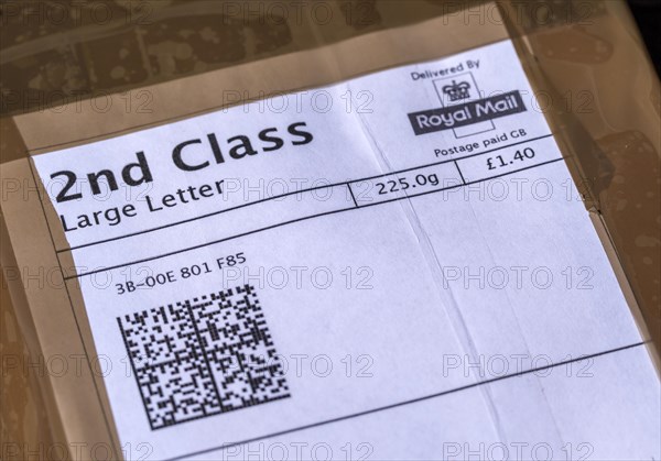 Close up Royal Mail 2nd Class Large Letter postage paid label, UK