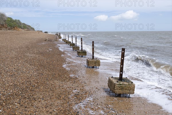 Remnants of old wartime coastal defences 1940s anti-invasion military structures, Bawdsey, Suffolk, England, UK