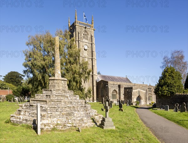 Church of Saint Andrew and medieval churchyard standing cross, Chew Magna, Somerset, England, UK