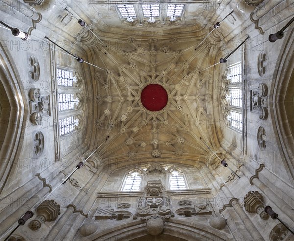 A beautiful network of lierne vaulting ribs in the tower roof ceiling lantern, Cricklade church, Wiltshire, England, UK