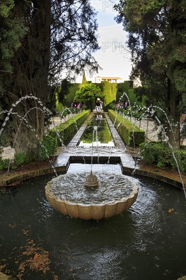 Water features in gardens, arabic, islamic, oriental, horticulture, Generalife Gardens, Alhambra, Granada, Spain, Europe