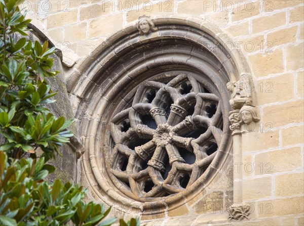 Carved window Gothic stonework details, church of San Juan, Laguardia, Alava, Basque Country, northern Spain
