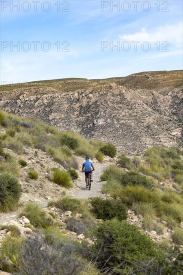 Man cycling on path between Las Negras and Cala de San Pedro, Cabo de Gata Natural Park, Almeria, Spain, Europe