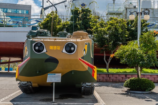 Front view of LVTP-7 amphibious assault vehicle on display at seaside park in Seosan, South Korea, Asia