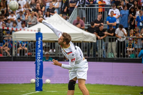 Fistball World Championship from 22 July to 29 July 2023 in Mannheim: At the end of the preliminary round, Germany won 3:0 sets against Italy and finished the preliminary round group A as the winner as expected. Here in the picture: Nick Trinemeier from TSV Pfungstadt