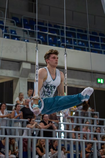 Heidelberg, 9 September 2023: Men's World Championship qualification in conjunction with a national competition against Israel. Carlo Hoerr during his routine on the rings