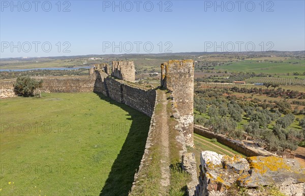 Defensive walls and the ramparts with view over surrounding countryside from the Castle of Terena, a listed national monument, Alentejo Central, Portugal, Southern Europe, Europe