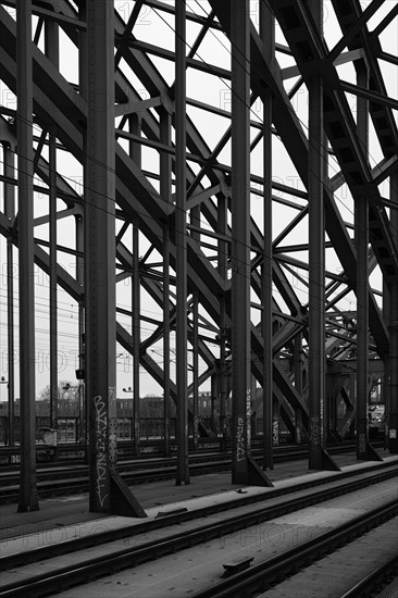Railway bridge over the Rhine, black and white, Cologne, Germany, Europe