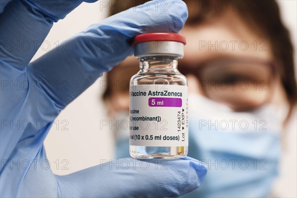 Vaccine vials with the Covid19 vaccine Astra Zenica in a vaccination centre, Schoenefeld, 26.02.2021