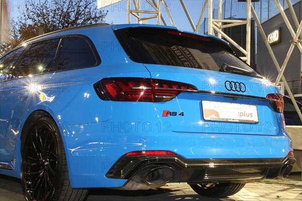 Blue Audi RS 4 Avant, seen at the Audi Centre Karlsruhe