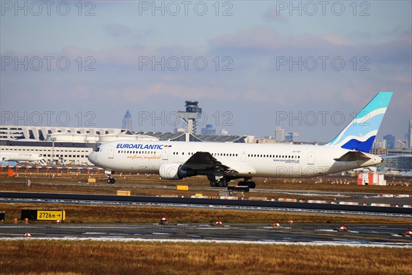 A passenger aircraft of the Portuguese airline Euroatlantic at Frankfurt Airport