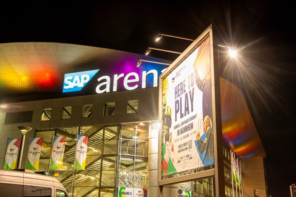 Night shot of the SAP Arena in Mannheim during a match at the 2024 European Handball Championships