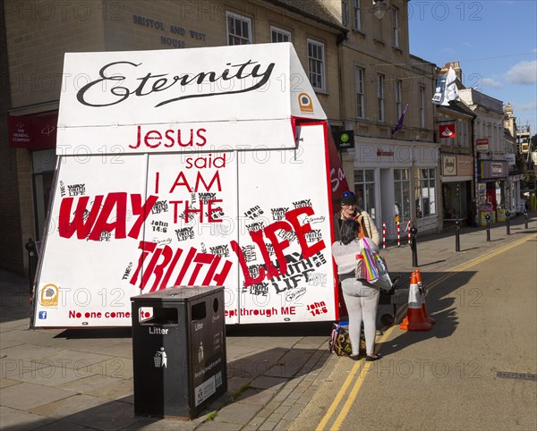 Large mobile Christian religious advertising boards in town centre street, Chippenham, Wiltshire, England, UK