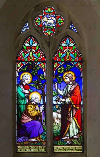 Stained glass window by Thomas Baillie Saint Peter given keys by Jesus Christ, 1862 Thorington church, Suffolk, England, UK