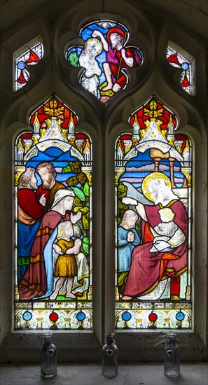 Stained glass window Washbrook church, Suffolk, England, UK c 1870 by Ward and Hughes, Suffer the Little Children