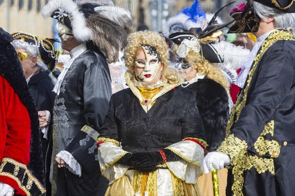 LUST & PASSION & JOY OF LIFE, for the joy of the masquerade, the Elbvenezian Carnival took place in Dresden on the weekend in front of Rose Monday. The highlight was the joint stroll through the historic centre with masks in robes in the style of the Elbe Venetian Carnival from the Neumarkt through the Altmarktgalerie, the Schlossstrasse, through the Stallhof, along the Fuerstenzug, onto the Bruehlsche Terrasse and into the Bruehlsche Garten, Dresden, Saxony, Germany, Europe