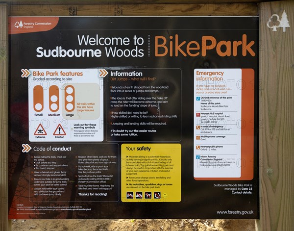 Sign at BikePark, Sudbourne Woods, Forestry Commission Bike Park, Suffolk, England, UK