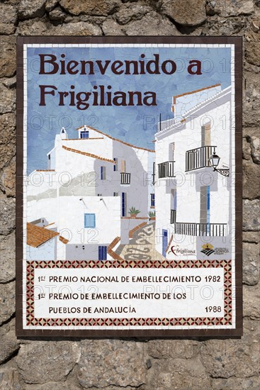 Bienvenido ceramic welcome sign to village, pueblo blanco ceramic mosaic, Frigiliana, Axarquia, Andalusia, Spain, Europe