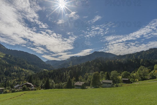 Mountain village Ebnit, municipality Dornbirn, Bregenzerwald, alpine view, backlight, Voralberg, Austria, Europe