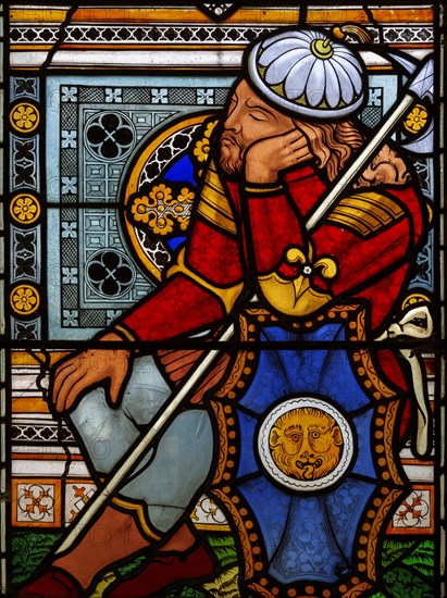 Victorian 19th century stained glass window, Lawshall church, Suffolk, England, UK by Horwood Bros, Sleeping Roman soldier