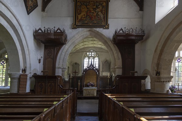 Historic interior of Saint John the Baptist church, Mildenhall, Wiltshire, England, UK