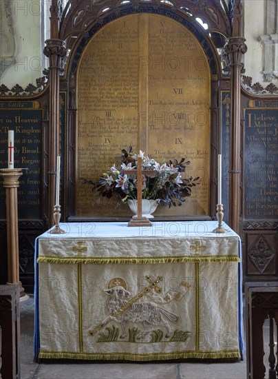 Historic interior of Saint John the Baptist church, Mildenhall, Wiltshire, England, UK