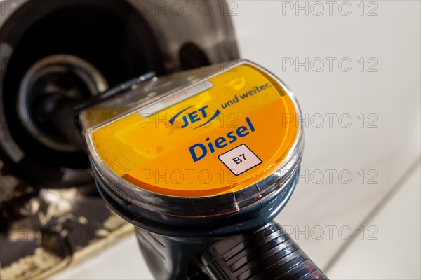 Close-up of a car refuelling with diesel at a JET filling station