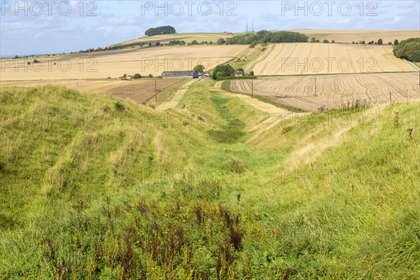 Ditch and earth bank rampart of Wansdyke view to Morgans Hill, near Devizes, Wiltshire, England, UK