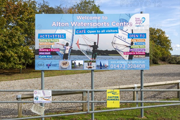 Alton Water reservoir lake, Suffolk, England, UK welcome sign to Alton Watersports Centre