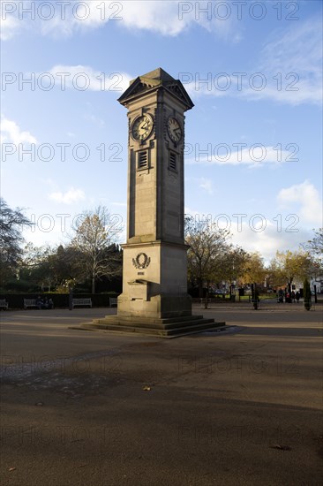 Clock tower in Jephson Gardens park, Royal Leamington Spa, Warwickshire, England, UK