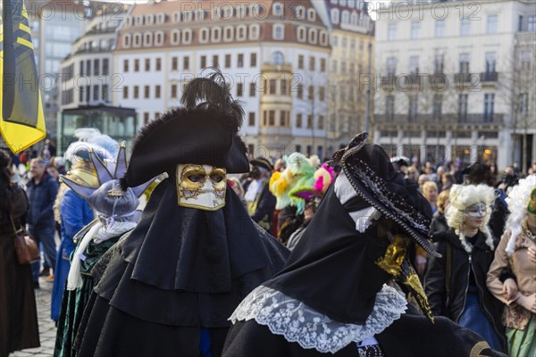 LUST & PASSION & JOY OF LIFE, for the joy of the masquerade, the Elbvenezian Carnival took place in Dresden on the weekend in front of Rose Monday. The highlight was the joint stroll through the historic centre with masks in robes in the style of the Elbe Venetian Carnival from the Neumarkt through the Altmarktgalerie, the Schlossstrasse, through the Stallhof, along the Fuerstenzug, onto the Bruehlsche Terrasse and into the Bruehlsche Garten, Dresden, Saxony, Germany, Europe