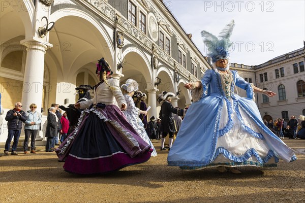 LUST & PASSION & JOY OF LIFE, for the joy of the masquerade, the Elbvenezian Carnival took place in Dresden on the weekend in front of Rose Monday. The highlight was the joint stroll through the historic centre with masks in robes in the style of the Elbe Venetian Carnival from the Neumarkt through the Altmarktgalerie, the Schlossstrasse, through the Stallhof, along the Fuerstenzug, onto the Bruehlsche Terrasse and into the Bruehlsche Garten, Dresden, Saxony, Germany, Europe