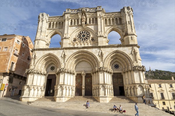 Frontage of cathedral church building, Cuenca, Castille La Mancha, Spain, Gothic architecture, Europe