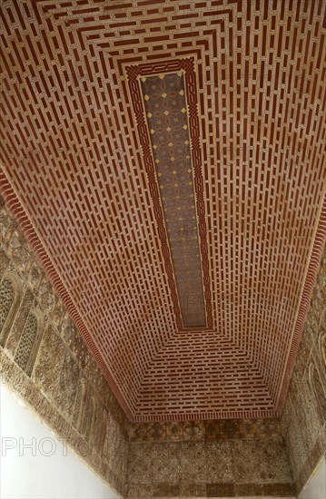 Islamic design architectural detail inside the Moorish palace of the Alcazaba, Malaga, Andalusia, Spain, ceiling pattern decoration, Europe