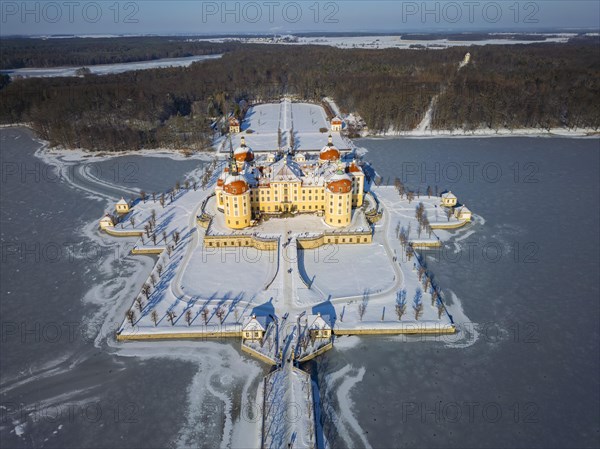 Moritzburg Castle on the castle island surrounded by the frozen castle pond, Moritzburg, Saxony, Germany, Europe