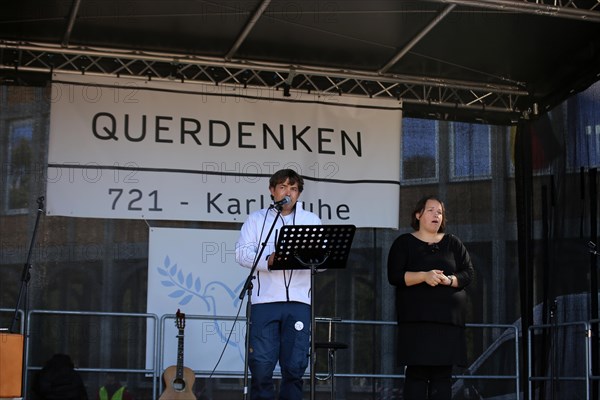 Karlsruhe: Michael Ballweg speaks at the Corona protests against the measures taken by the federal government. The protests were organised by the Querdenken 721 Karlsruhe initiative