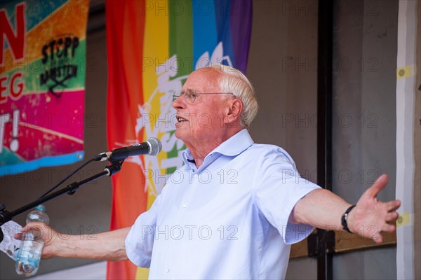 Oskar Lafontaine speaks at the peace demonstration in front of Ramstein Air Base against war and armament and in favour of diplomacy and negotiations