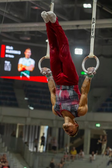 Heidelberg, 9 September 2023: Men's World Championship qualification in conjunction with a national competition against Israel. Nick Klessing during his routine on the rings