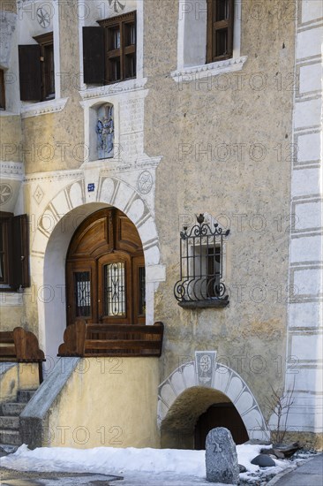 Entrance door, window, sgraffito, facade decorations, historic houses, Guarda, Engadin, Grisons, Switzerland, Europe