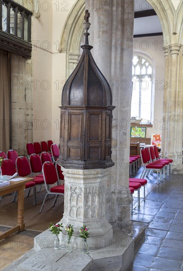 17th Century wooden font cover church of Saint Mary, Boxford, Suffolk, England, UK