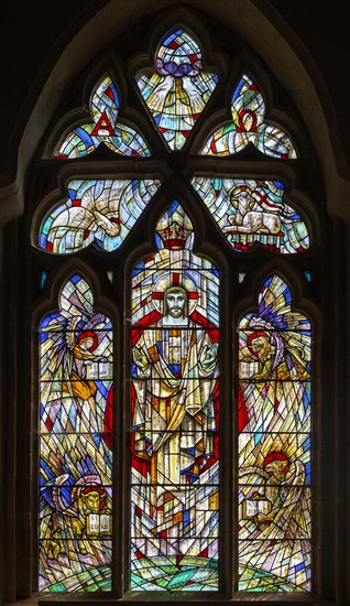 Christ and evangelists stained glass east window by Roy Coomber 1998, Hartpury church, Gloucestershire, England, UK