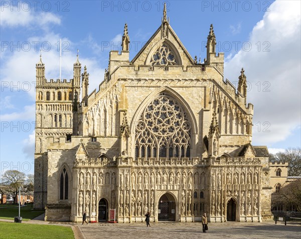 Medieval West Front Image screen stone carvings, Gothic architecture c 13th century, Exeter Cathedral church, Exeter, Devon, England, UK