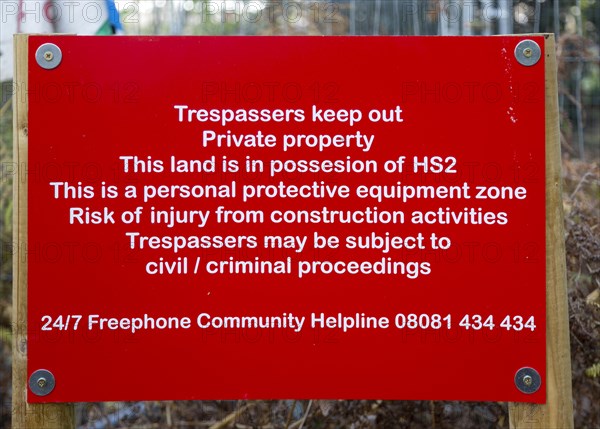 HS2 construction site Crackley Woods, Kenilworth, Warwickshire, England, UK, November 2020 close up of sign about trespassing
