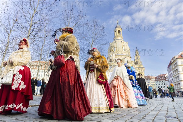 LUST & PASSION & JOY OF LIFE, for the joy of the masquerade, the Elbvenezian Carnival took place in Dresden on the weekend in front of Rose Monday. The highlight was the joint stroll through the historic centre with masks in robes in the style of the Elbe Venetian Carnival from the Neumarkt through the Altmarktgalerie, the Schlossstrasse, through the Stallhof, along the Fuerstenzug, onto the Bruehlsche Terrasse and into the Bruehlsche Garten, Dresden, Saxony, Germany, Europe