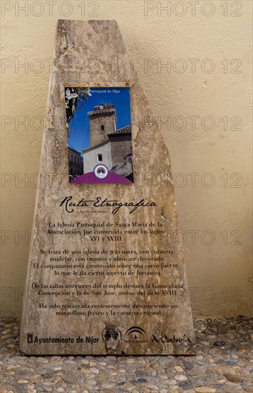 Information notice about parish church on Ruta Etnografica walking route around town, Nijar, Almeria, Spain, Ethnographic Route Nijar, Almeria, Spain, Europe