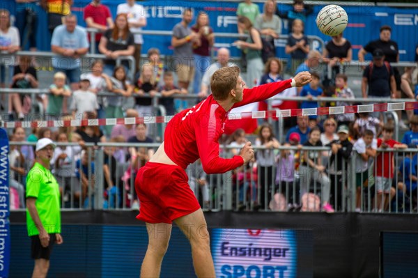 Fistball World Championship from 22.07. to 29.07.2023 in Mannheim: At the end of the preliminary round, co-favourite Austria won 3:0 sets against Chile. Here in the picture: Martin Puehringer