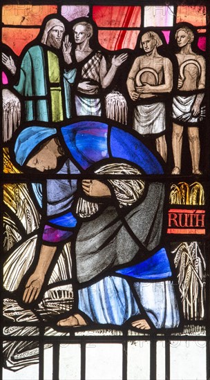 Ruth harvesting grain, stained glass window by Margaret Edith Aldrich Rope (1891-1988), Church of Saint Margaret, Leiston, Suffolk, England, UK