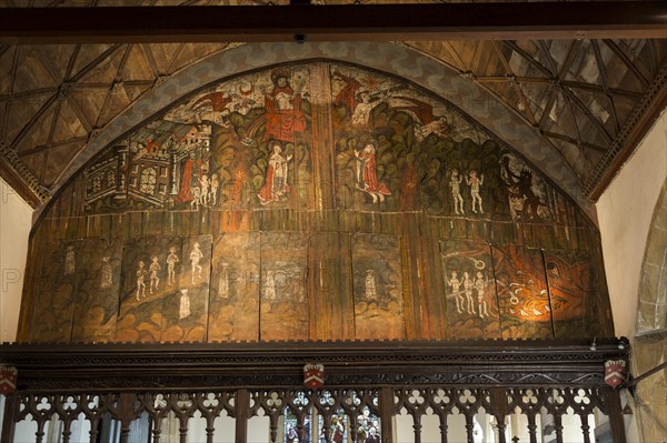 Doom painting on wooden panels at Saint James the Great church, Dauntsey, Wiltshire, England, UK