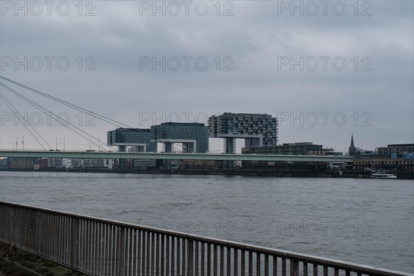 View over the Rhine with crane houses, Cologne, Germany, Europe