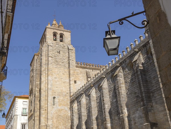 Historic Roman Catholic cathedral church of Evora, Se de Evora, in the city centre, Basilica Cathedral of Our Lady of Assumption, the largest medieval cathedral in Portugal exterior of building dating from the 16th Century